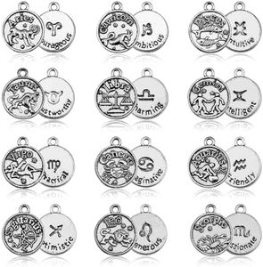 JIALEEY DIY Zodiac Charm Set, 96 Count 8 Sets Antique Tibetan Silver Round Zodiac Sign Charms Constellation Pendants for Necklace Bracelet Jewelry Making and Crafting, Alloy, alloy