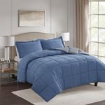 HIG 3pc Dusty Blue Queen Size Comforter Set - All Season Reversible Down Alternative Comforter with Sham - Quilted Duvet Insert with Corner Tabs - Box Stitched Blanket - Breathable, Soft, Fluffy