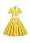 YMING Audrey Hepburn Dresses for Women Cocktail Solid Colors Evening Midi Dress Short Sleeve Prom Gown Yellow S