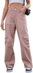 IVIR Cargo Pants Women Adjustable Waist High Waisted Cargo Pants Hiking Pants Baggy Travel Pink Large