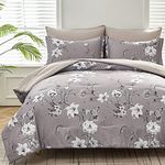 LXWORX 7 Piece Bed in a Bag - Queen Comforter Set, Grey Floral Printed Comforter and Sheet Set, Soft Microfiber Bedding Comforter Set for All Season(Grey Floral,Queen)