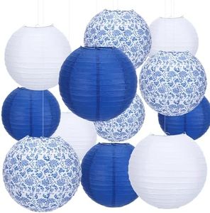 Riakrum 18 Pcs Chinoiserie Paper Lantern Set 10" 8" Blue and White Porcelain Print Round Lantern Chinese Japanese Hanging Paper Lantern for Ceiling Wedding Birthday Party Home Decor