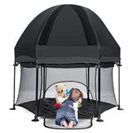 COSTWAY Baby Playpen, Folding Infant Fence Activity Center with Breathable Mesh, Removable Canopy, Zipper Door, Padded Mat and Carrying Bag, Toddler Safety Play Yard for Indoor & Outdoor (Black)