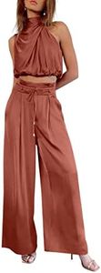 PRETTYGARDEN Women's 2 Piece Outfits 2025 Summer Casual Sleeveless Mock Neck Crop Tops Wide Leg Pants Set (Brown Red,Small)