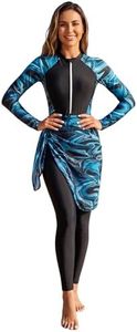 Women Modest Muslim Swimsuits Full Coverage Islamic Arabic Swimwear Womens One Piece with Cover Up Sarong Rashguard Surfing Beachwear Bathing Suits Burkini for Woman UPF 50+ Zip Front Black Blue XL