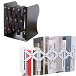 Adjustable Bookends, 2 Pack Expandable Book Organizer Metal Nonskid Books Holder Desk Magazine File Organizer for Home Office School Library Extends Up to 19.6" (White & Black