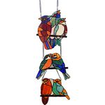 Bieye W10060 Tropical Birds Tiffany Style Stained Glass Window Panel with 3 Pieces Hanging Successively Within Chains, 10" W x 39" H