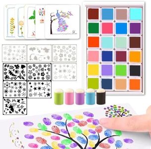 Diy Sponge Finger Painting Kit with 12/24 Colors Ink Pad, 5 Finger Sponge Daubers, 9 Stencils, 30 Drawing Card - Funny Toddler Fingers Paint Set Colourful Painting Supplies for Craft Art Card Making (24 Colors)