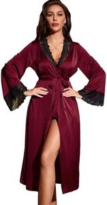 OYOANGLE Women's Satin Long Sleeve Bathrobe Lace Belted Bridesmaid Bride Party Robes Sleepwear Burgundy Large