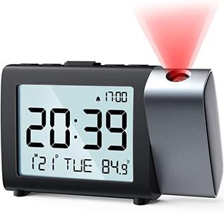 MeesMeek Projection Alarm Clock for Bedroom: Digital LCD Clock with Temperature Date Snooze 12/24H and Weekend Mode, Easy Set Dimmer Clock with 2-Levels Volume, Mains and Battery Operated