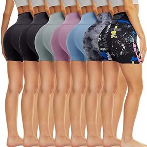 TNNZEET 7 Pack Biker Shorts for Women - 5''/8''/3'' High Waisted Workout Tummy Control Spandex Gym Shorts for Yoga Athletic, E-black/ Black/ Light Grey/ Thistle/ Sky Blue/ Grey Tie Dye/ Artist Splash,