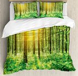 Ambesonne Woodland Decor Duvet Cover Set Queen Size, Forest Springtime Freshness Foliage Sunbeams Sunrise Nature View Scene, Decorative 3 Piece Bedding Set with 2 Pillow Shams