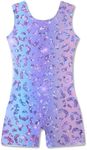 Funnycokid Gymnastics Leotards for Girls Kids Outfits Sparkly Unitards Clothes with Shorts, Leopard 03, 6-7 Years