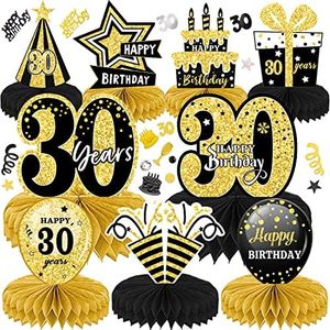 LWAIX Centrotavola Compleanno Set 10pz 30 Anni Centrotavola a Nido d'Ape Decorazioni Oro NeroToppers da Tavolo per Uomini e Donne (30 Anni)