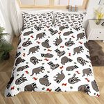 Cute Raccoons Comforter Cover Set Cartoon Raccoon Duvet Cover Set for Kids Boys Girls Lovely Apples Leaves Bedding Set Grey Animal Quilt Cover 2Pcs Bedding Single
