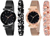 Acnos Stainless Steel Premium Magnet Black Dial Rose-Gold Strap Analogue Women Girls Watch Sweet Heart Bracelet Combo For Girl's & Women Watch Pack Of 2 Watch And 2 Bracelet, Black Band