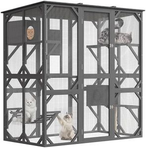 70'' Walk-in Catio with Window Access, Extra Large Outdoor Cat Enclosure for Multiple Cats, Waterproof Roof Cattery with Bridge and Scratching Post Outside Patio Cat Playpen Grey