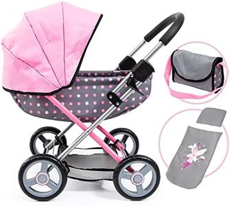 Bayer Design 12766AA Pram Cosy, Baby Doll Stroller, Pushchair for Toddlers, Foldable, incl. Bag and Blanket, Modern, Grey, Pink Dotted with Fairy