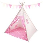 SOKA Pink Teepee Tent for Kids Foldable Cotton Canvas Indoor Outdoor Playhouse Tipi Play Tent with Windows & Carry Case Perfect for Home Bedroom Garden Camping Beach - Children Boys Girls