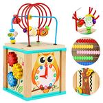 TOWO Wooden Activity Cube Beads Maze -5 Activities Roller Coaster Abacus Cog Wheels Gears Clock Zig Zag Slide-Early Educational toys for Baby -Educational Wooden Toys for 1 year old Montessori Toys