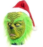 Allopo Grinch Mask Costume Furry Green Santa Mask with Red Hat for Men Women, Universal Size (Green), Medium