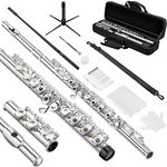 POGOLAB Open Hole C Flute Silver Plated 16 Keys Flute Instrument for Beginner Advanced Player Student Flute with Case, Stand, Strap, Probe rod, Gloves, Adjustment Screwdriver, Cleaning Kit