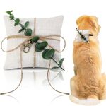 Yunlly 5'' x 5'' Dog Ring Bearer Wedding Ring Pillows with Ring Clasp Off for Dog Collar White Burlap Dog Ring Holder with Greenery for Engagement Wedding Pet Accessory for Small Medium Large Dogs