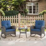 HUMMUH 3-Piece Outdoor Rocking Chairs,All-Weather PE Wicker Patio Rocker Chairs Bistro Set with Side Table,Porch Balcony Furniture with Cushions