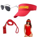 UILYNIU 3 Pieces Life Guard Costume Accessories, Beach Costume Set Adjustable Hat Guard Whistle Sunglasses, Sunscreen Hats for Adults Kids Fancy Dress Up Men Women Pool Lifeguard Cosplay Party (Red)