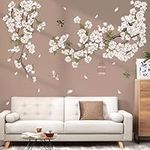 decalmile Large Flower Tree Branch Wall Decals White Blossom Floral Birds Wall Stickers Living Room Bedroom Office Wall Decor