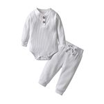 Newborn Infant Baby Boys Clothes Unisex Long Sleeve Button Knit Solid Color Bodysuit Pants Fall Outfit Set - 0-3 Months White