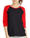 Women 3/4 Sleeve Baseball Tee - Raglan Shirts Jersey Tops Quarter Sleeve Shirt Tees, Black / Red, Large