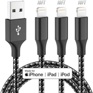 Bkayp Apple MFi Certified iPhone Charger 3pack 10FT Long Lightning Cable Fast Charging High Speed Data Sync USB Cable Compatible iPhone 13/12/11 Pro Max/XS MAX/XR/XS/X/8/7/Plus/6S (Grey Black)