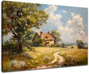 QYHART Vintage Old House Wall Art Countryside Pastoral Canvas Prints Flower Field Nature Landscape Painting Poster Artwork for Bedroom Bathroom Office Gym Wall Decor Ready to Hang [18''W X 12''H]