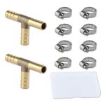 LEONTOOL 2 Pcs Brass Barb Tee Fitting 5/16"(8mm) ID Hose Pipe Fitting T-Shaped with 6 Pcs Stainless Steel Pipe Clamps, 3 Way Hose Barb T Shaped Adapter for Water Fuel Gas Air Oil