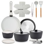 NutriChef Ceramic Pots and Pans Set with Detachable Handles – 18-Piece Stackable Non-Stick Cookware, Oven Safe, PTFE-Free, Space-Saving Cookware for Modern Kitchens, Grey