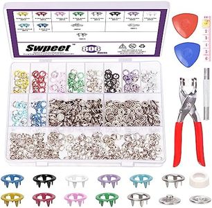 Swpeet 200Sets - 807Pcs 3/8" 10 Colors Hollow 5 Prong Metal Snaps Buttons with Snap Fasteners Tool Fastener Pliers and Tailor's Chalk Assortment Kit, Snap on Buttons for DIY Craft