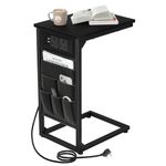 AMHANCIBLE C-Shaped Side Table, Sofa Table with Charging Station, 2 USB & AC Outlets, Bedside Table with Cloth Storage Bag, End Table for Small Spaces, Coffee Table for Living Room, Black HET04CBK-1