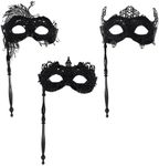 Lezevn 3 Pieces Masquerade Mask with Holding Stick Venetian Women Lace Mask Black Eye Mask Halloween Prom Ball Costume Cosplay Accessories