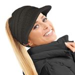 TOSKATOK Ladies Slouchy Peaked Ponytail Messy Bun Knitted Beanie Hat Cap-Black