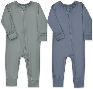 Aablexema Baby Footless Pajamas Zipper with Mitten, Rayon from Bamboo, Infant Long Sleeve Romper Pjs(Olive & Moonlight Blue,6-12m)