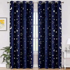 WUBODTI Navy Blue Kids 100% Blackout Curtains for Boys Bedroom 72 Inches Long 2 Panels, Cute Star Patterned Thermal Insulated Nursery Curtain Grommets Room Darkening Space Curtain Drapes for Baby