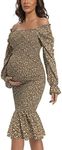 Maternity Summer Floral Midi Bodycon Dresses, Short Puff Sleeve Square Neck Ruffle Hem Mermaid Baby Shower Dress, Long Sleeve Brown, Medium