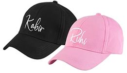 AICA Personalized Name Cotton Cap for Men & Women – Black & Pink, Adjustable Strap, Free Size (Pack of 2) | Couple Bride Groom to be Cap Dress Matching Outfits for Pre Wedding Photo Shoot