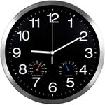 12 Inch Silver Aluminum Frame Wall Clock with Thermometer Hygrometer Battery Operated Silent Movement Decorative for Home