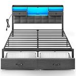 Rolanstar Bed Frame King Size with Drawers and Charging Station, Upholstered Platform Bed with Storage Headboard and LED Light, Heavy Duty Metal Frame Support, No Box Spring Needed, Noise Free, Grey