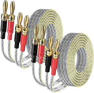 Mygatti 2 Pack 16/2 Speaker Flat Wire Cable with Banana Tip Plugs 4 FT, CL3 Rated, 16 Gauge AWG Wire, Tinned OFC Copper, Transparent Jacket with Yellow Polarity Marker, for Indoor & Outdoor, Hi-Fi