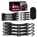 Jack Boss Ratchet Tie Down Straps Set,1500 lbs Break Strength, 1" x 15' Heavy Duty Ratchet Straps with 4X Soft Loops Padded Handles Coated S Hook, Fits for Moving Appliances Motorcycle ATV Truck,Black