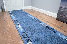 SrS Rugs® Luna Collection, Modern Long Carpet Runner Rug for Entrance Hall and Stairs. Smooth Soft 8mm Depth Pile. 70cm Wide. Any length (Blue Borders, Length: 20' (610cm))
