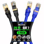 Cat7 Ethernet Cable - 25FT (2PK) RJ45 Connector - High Speed Double Shielded STP - 10 Gigabit 600MHz - Cat 7 Premium High Speed Patch Cable, Internet Cable Network Wire LAN Cord Black Blue (8m) 25Ft